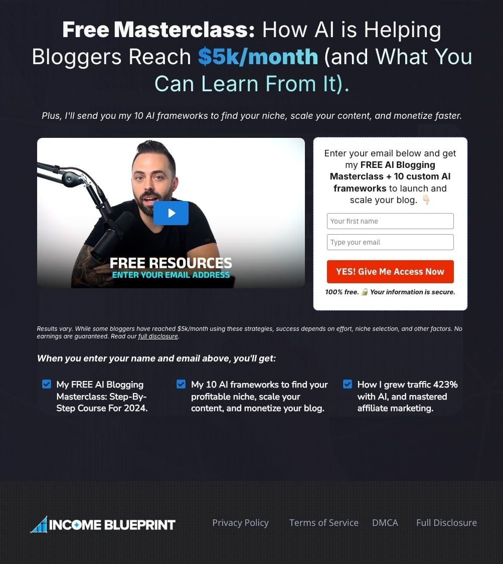 AI Income Blueprint opt-in page